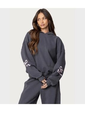 Edikted Bow Hoodie Womens Large Gray Oversized Coquette Y2K Sweatshirt